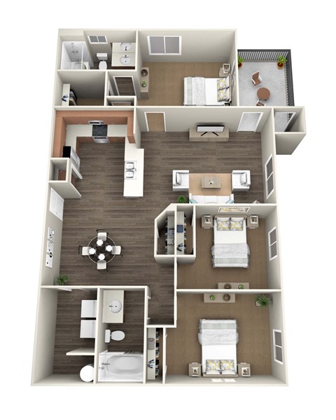 Floor plan for 3 beds, 2 baths, 1237 sqft