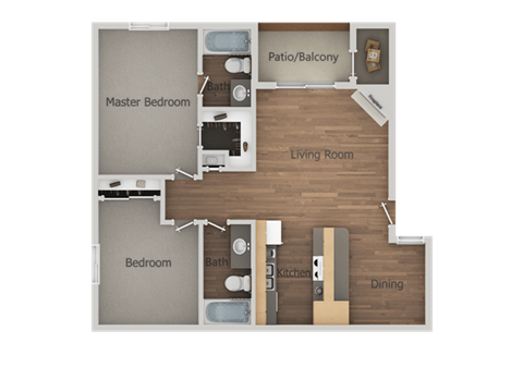 Floor plan for 2 beds, 2 baths, 900 sqft