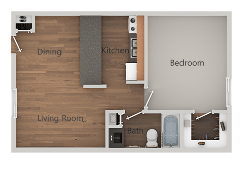 Floor plan for 1 bed, 1 bath, 570 sqft