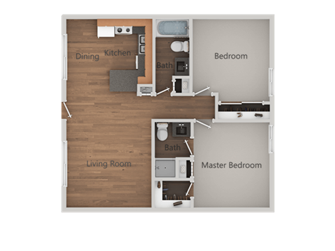 Floor plan for 2 beds, 2 baths, 810 sqft