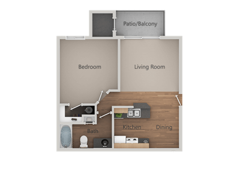 Floor plan for 1 bed, 1 bath, 580 sqft