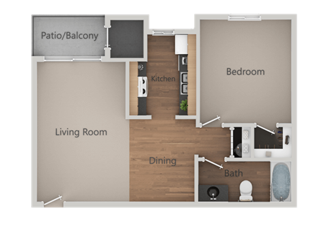 Floor plan for 1 bed, 1 bath, 685 sqft