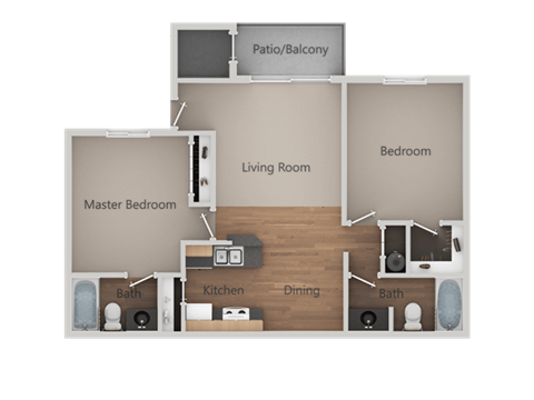 Floor plan for 2 beds, 2 baths, 911 sqft