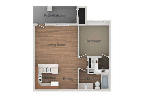 Floor plan for 1 bed, 1 bath, 635 sqft