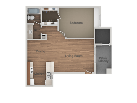 Floor plan for 1 bed, 1 bath, 725 sqft