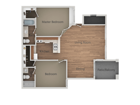 Floor plan for 2 beds, 2 baths, 835 sqft