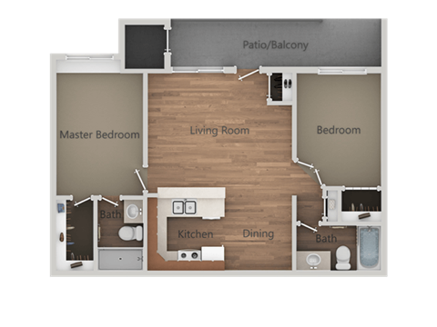 Floor plan for 2 beds, 2 baths, 907 sqft