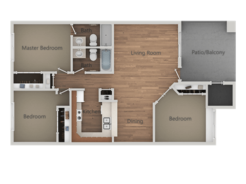 Floor plan for 3 beds, 2 baths, 1079 sqft