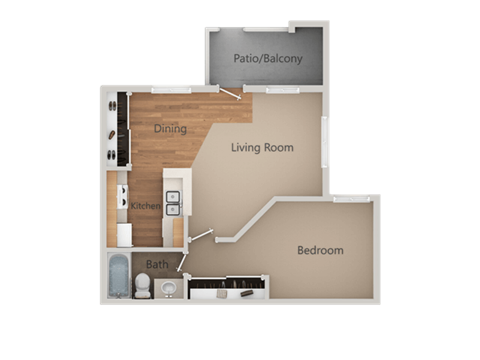 Floor plan for 1 bed, 1 bath, 597 sqft