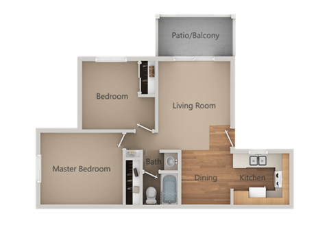 Floor plan for 2 beds, 1 bath, 750 sqft