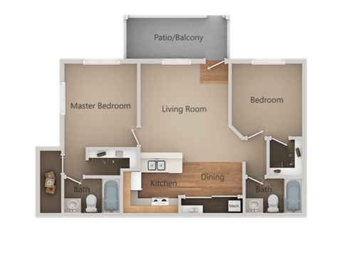 Floor plan for 2 beds, 2 baths, 801 sqft