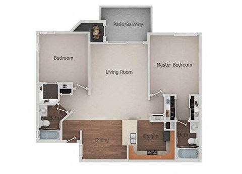 Floor plan for 2 beds, 2 baths, 935 sqft