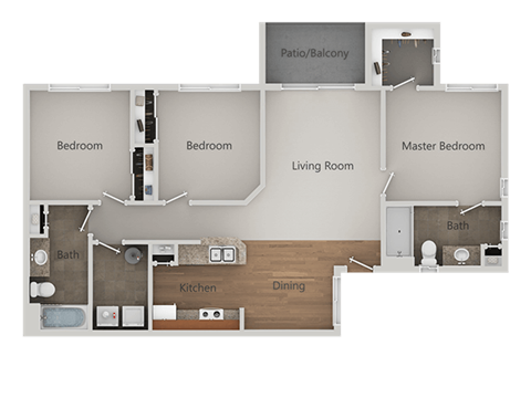 Floor plan for 3 beds, 2 baths, 1183 sqft