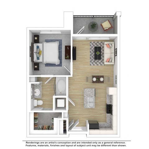 Floor plan for 1 bed, 1 bath, 615 sqft