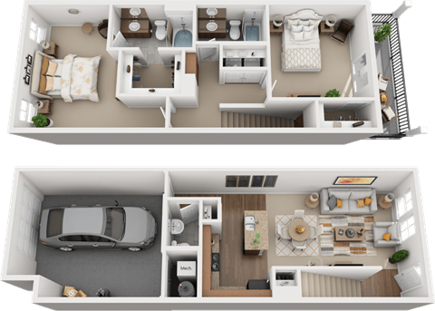 Floor plan for 2 beds, 2.5 baths, 1250 sqft
