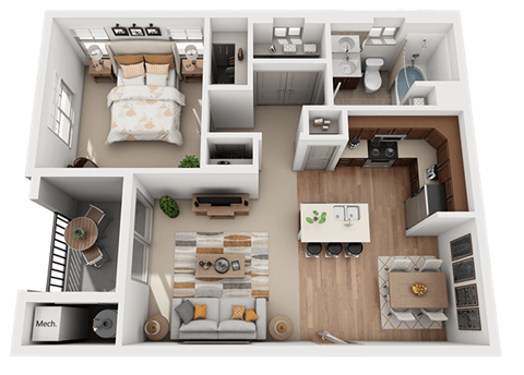 Floor plan for 1 bed, 1 bath, 849 sqft