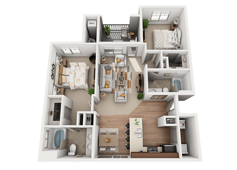 Floor plan for 2 beds, 2 baths, 1009 sqft