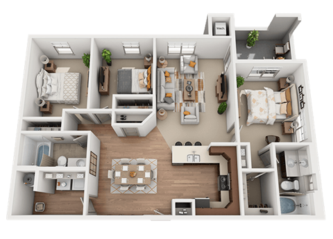 Floor plan for 3 beds, 2 baths, 1197 sqft