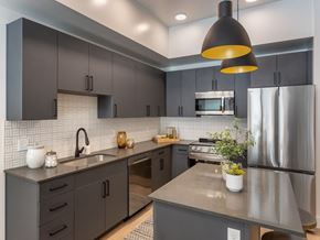 Salt Lake City apartment for rent - Kitchen with Dark Accents at Maye House Apartments