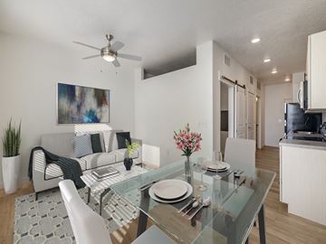 Salt Lake City apartment for rent - a living room and dining room with a glass table