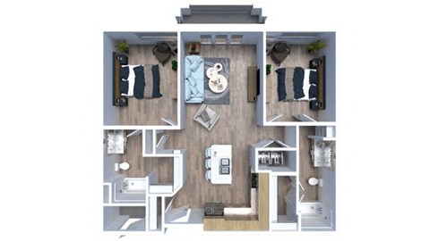 Floor plan for 2 beds, 2 baths, 955 sqft