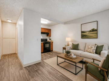 Spring Valley apartment for rent - A living room with a white couch, a coffee table, and a painting on the wall.