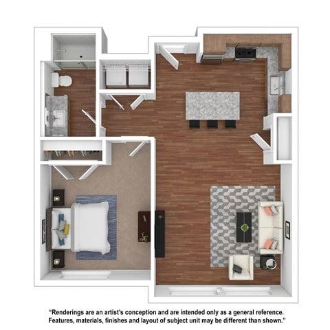 Floor plan for 1 bed, 1 bath, 885 sqft