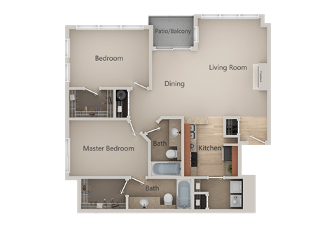 Floor plan for 2 beds, 2 baths, 1086 sqft