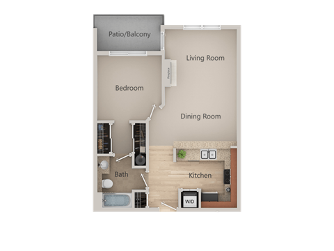 Floor plan for 1 bed, 1 bath, 676 sqft