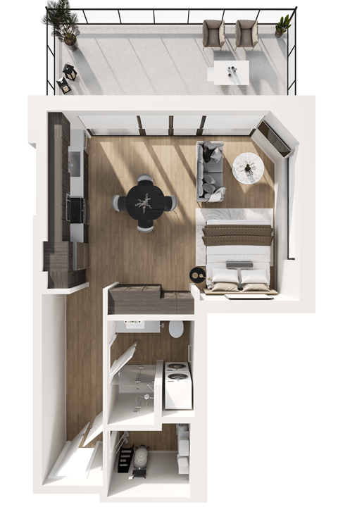 Floor plan for studio, 1 bath, 673 sqft