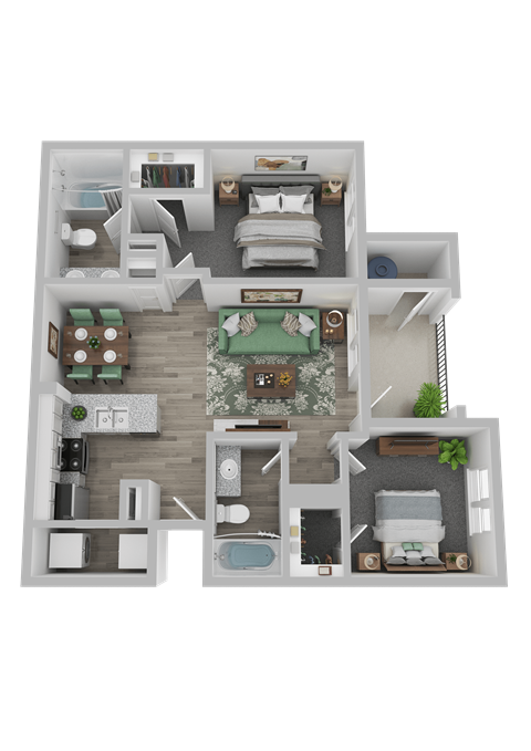 Floor plan for 2 beds, 2 baths, 1057 sqft