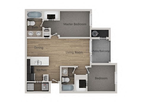Floor plan for 2 beds, 2 baths, 1087 sqft