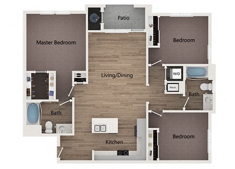 Floor plan for 3 beds, 2 baths, 1414 sqft