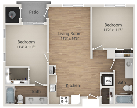 Floor plan for 2 beds, 2 baths, 939 sqft