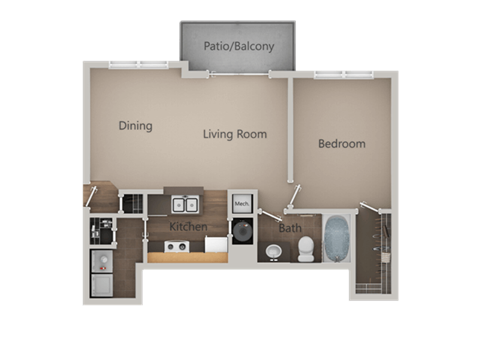 Floor plan for 1 bed, 1 bath, 712 sqft