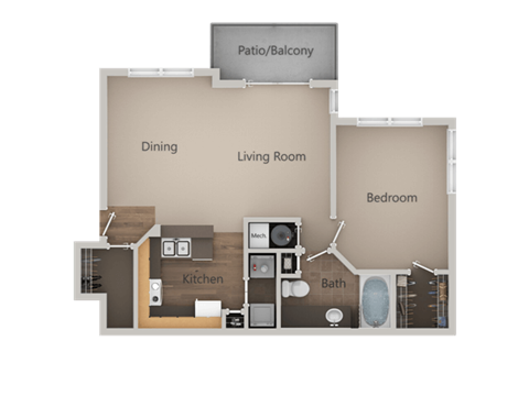 Floor plan for 1 bed, 1 bath, 765 sqft