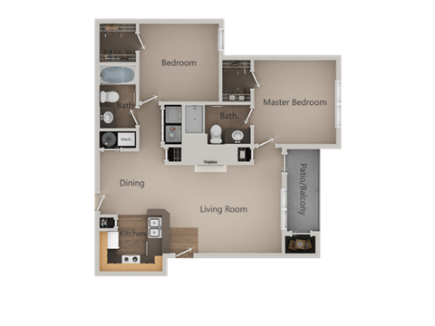 Floor plan for 2 beds, 2 baths, 953 sqft