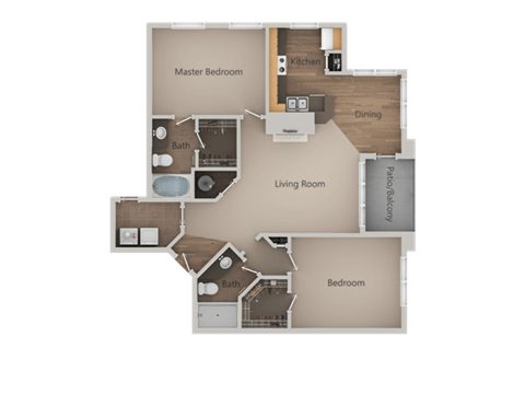 Floor plan for 2 beds, 2 baths, 1069 sqft