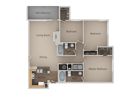 Floor plan for 3 beds, 2 baths, 1172 sqft