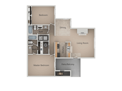 Floor plan for 2 beds, 2 baths, 930 sqft