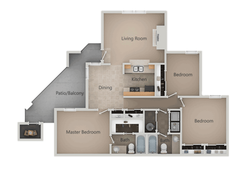 Floor plan for 3 beds, 2 baths, 1103 sqft
