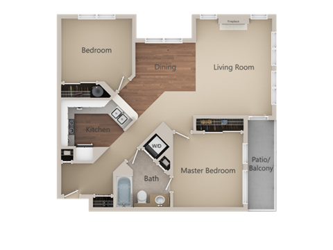 Floor plan for 2 beds, 1 bath, 898 sqft