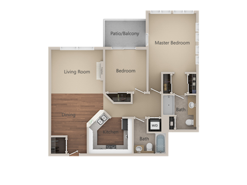 Floor plan for 2 beds, 2 baths, 1040 sqft