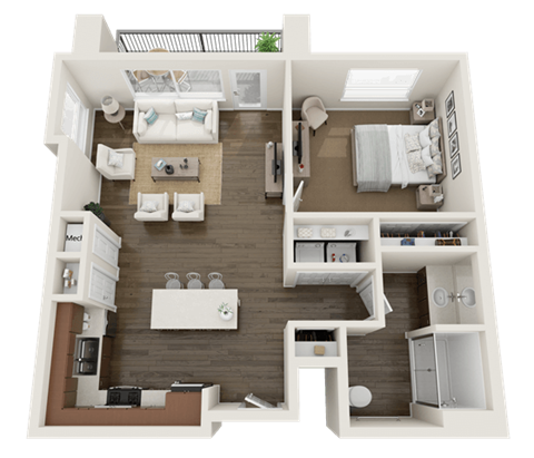Floor plan for 1 bed, 1 bath, 728 sqft