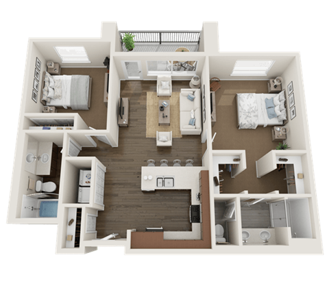 Floor plan for 2 beds, 2 baths, 955 sqft
