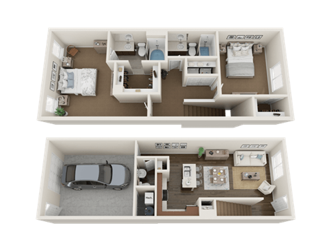 Floor plan for 2 beds, 2.5 baths, 1087 sqft