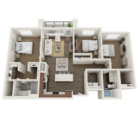 Floor plan for 3 beds, 2 baths, 1255 sqft