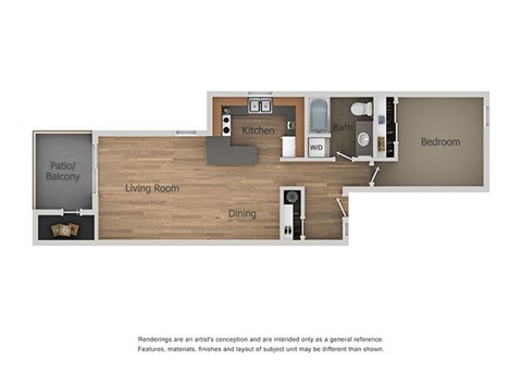 Floor plan for 1 bed, 1 bath, 710 sqft