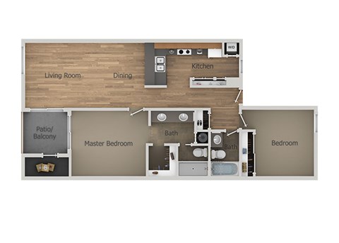 Floor plan for 2 beds, 2 baths, 965 sqft