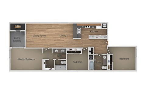 Floor plan for 3 beds, 2 baths, 1152 sqft